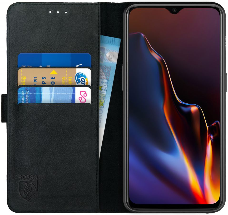 Rosso Deluxe OnePlus 6T Hoesje Echt Leer Book Case Zwart afbeelding 1