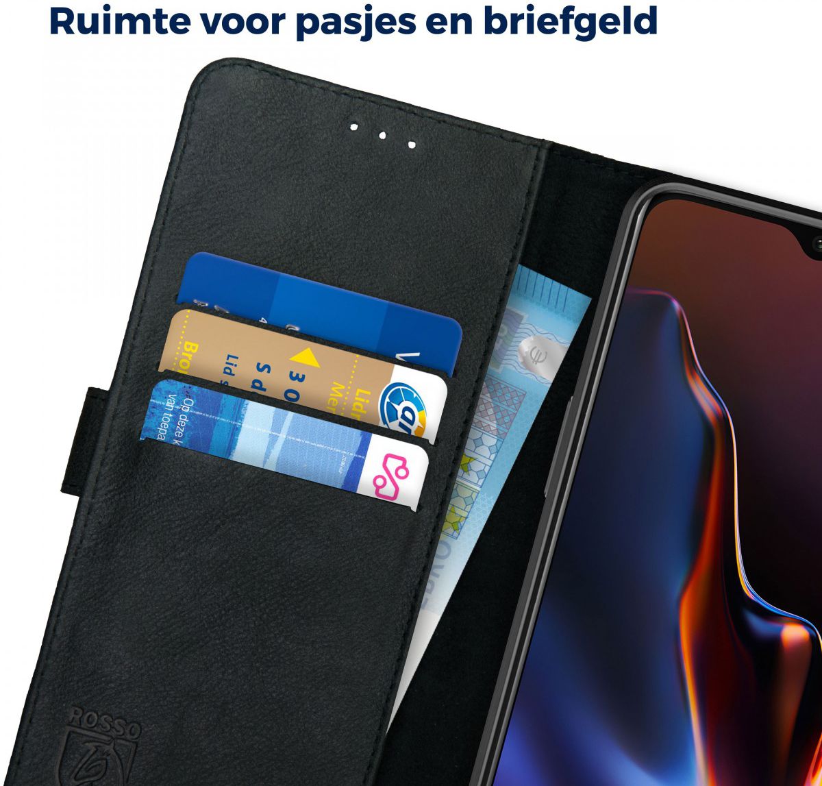 Rosso Deluxe OnePlus 6T Hoesje Echt Leer Book Case Zwart afbeelding 4