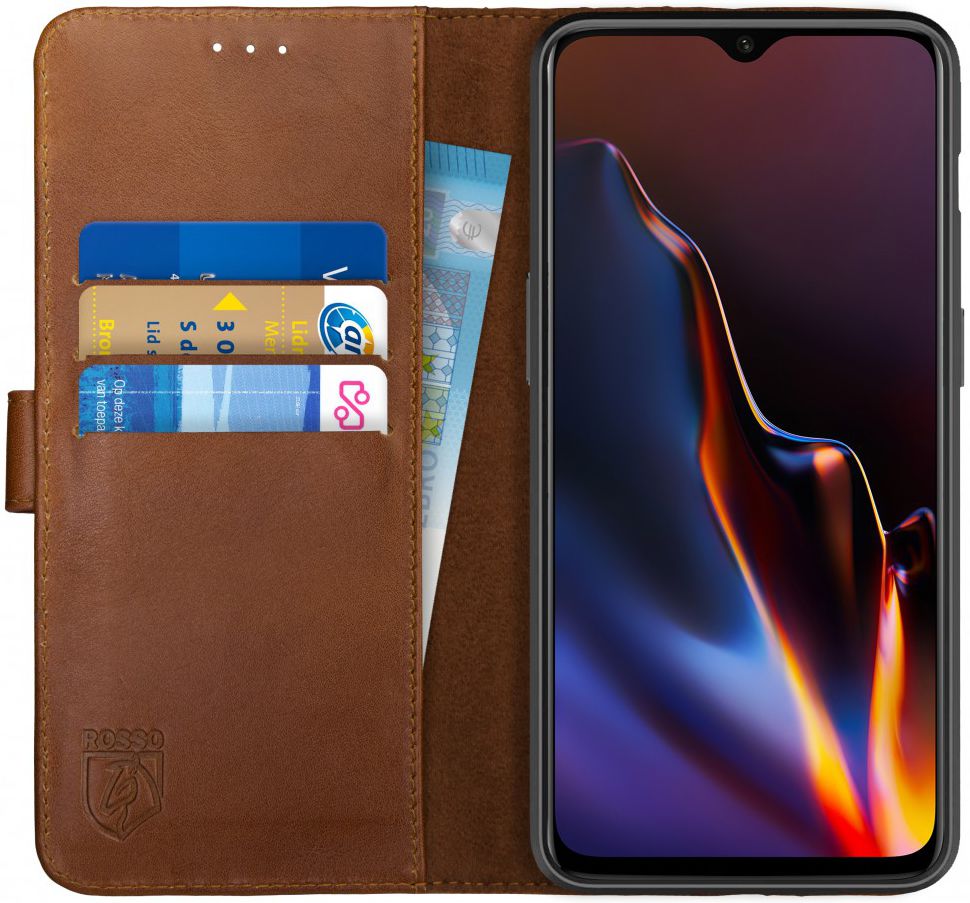 Rosso Deluxe OnePlus 6T Hoesje Echt Leer Book Case Bruin afbeelding 1