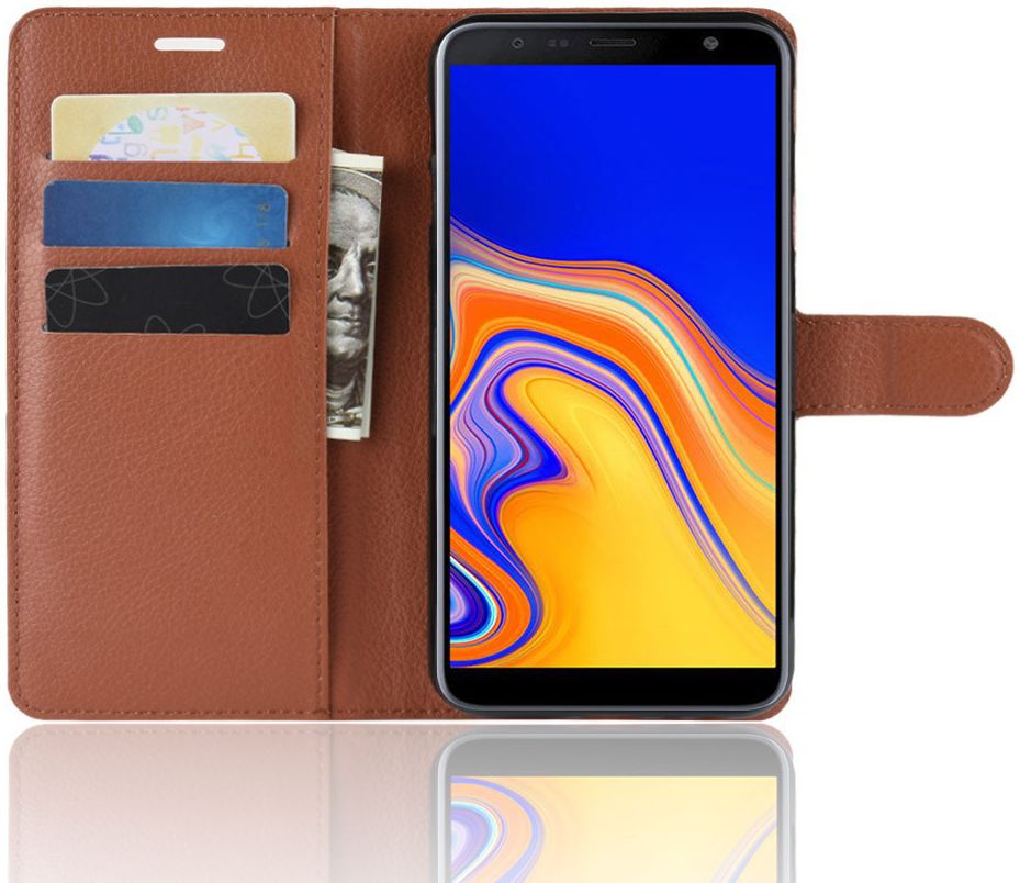 Samsung Galaxy J4 Plus Litchi Skin Leren Portemonnee Hoesje Bruin afbeelding 2