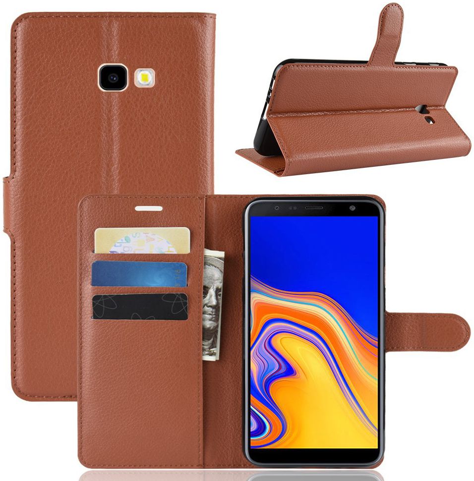Samsung Galaxy J4 Plus Litchi Skin Leren Portemonnee Hoesje Bruin afbeelding 3
