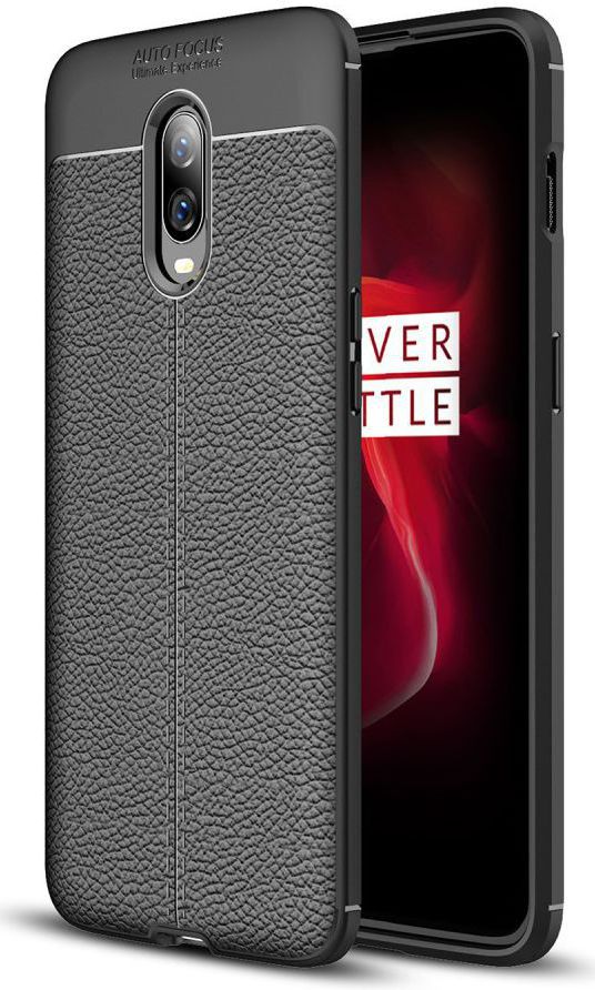 OnePlus 6T Litchi Kunstleren Coating TPU Hoesje Zwart afbeelding 1