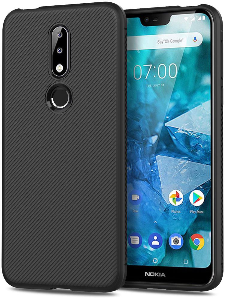 Nokia 7.1 Twill Texture TPU Hoesje Zwart afbeelding 1