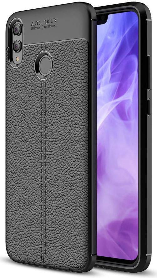 Huawei Honor 8X Litchi Kunstleren Coating TPU Hoesje Zwart afbeelding 1