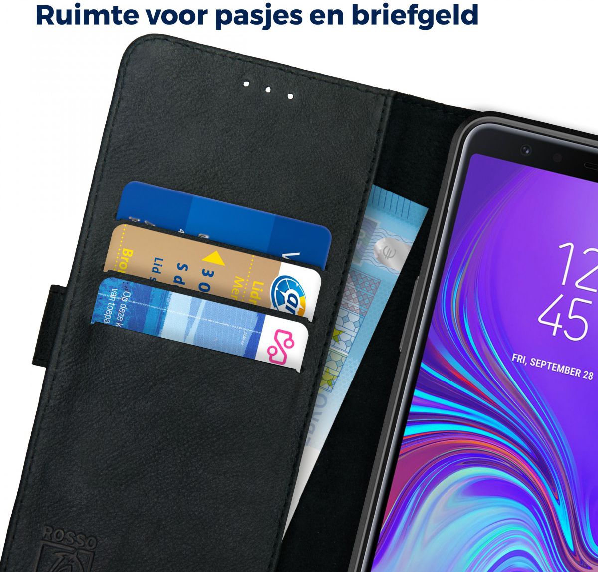 Rosso Deluxe Samsung Galaxy A7 2018 Hoesje Echt Leer Book Case Zwart afbeelding 5