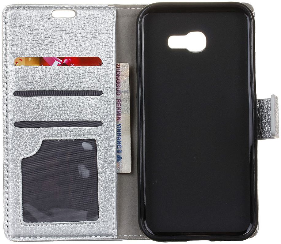 Samsung Galaxy J4 Plus Lychee Leren Portemonnee Hoesje Zilver afbeelding 2