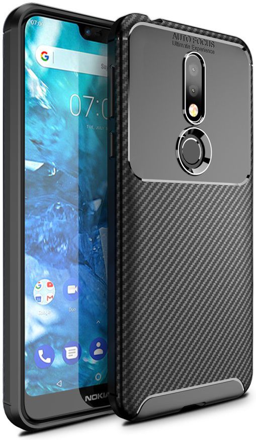 Nokia 7.1 Siliconen Carbon Hoesje Zwart afbeelding 1