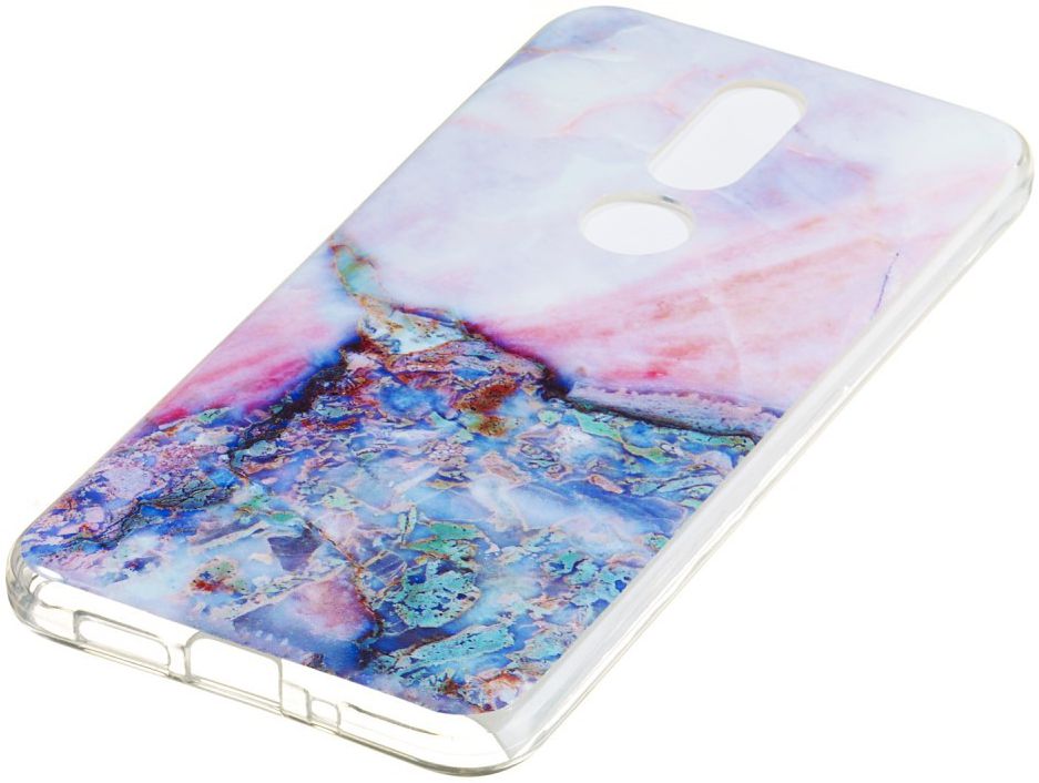 Nokia 7.1 Transparant TPU Hoesje met Marmer Opdruk Paars afbeelding 2