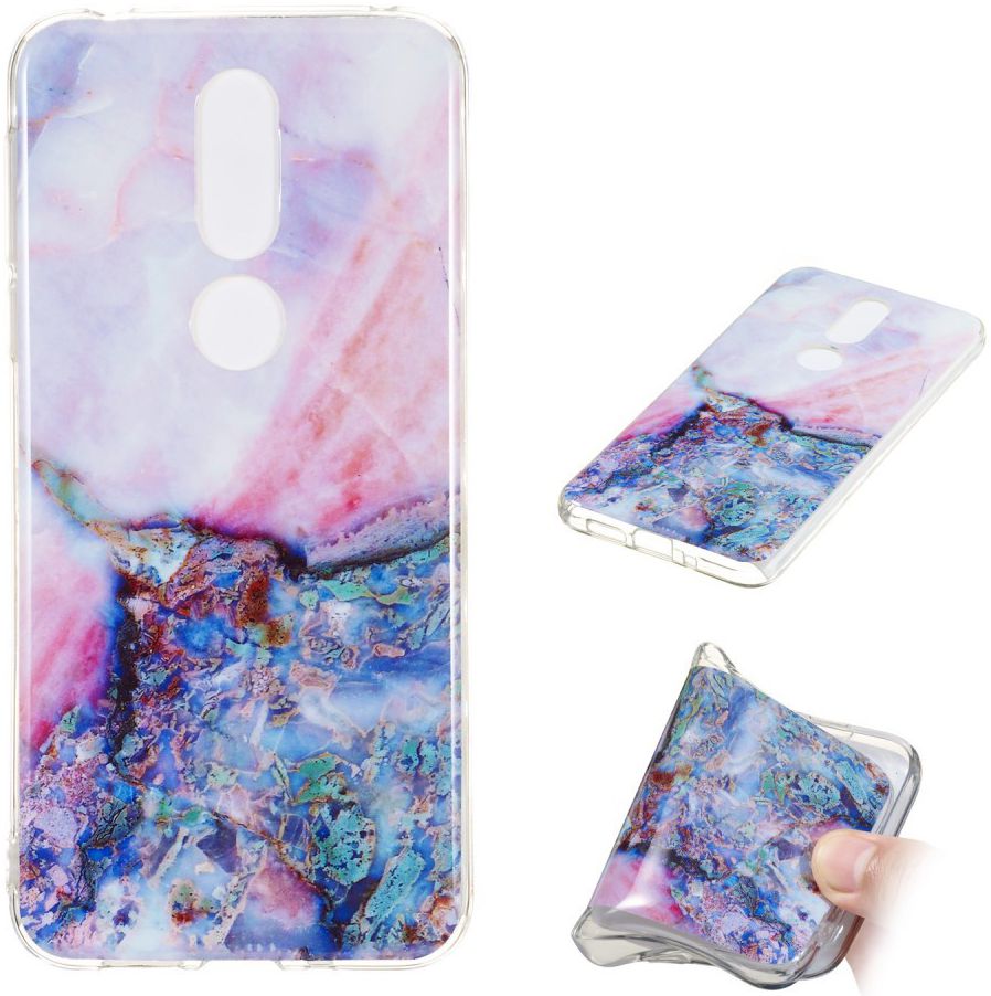 Nokia 7.1 Transparant TPU Hoesje met Marmer Opdruk Paars afbeelding 3