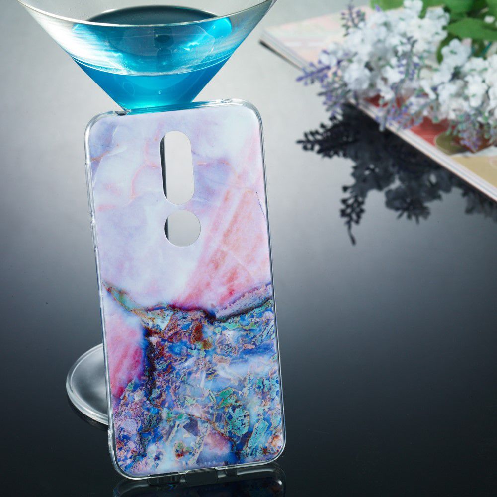 Nokia 7.1 Transparant TPU Hoesje met Marmer Opdruk Paars afbeelding 5