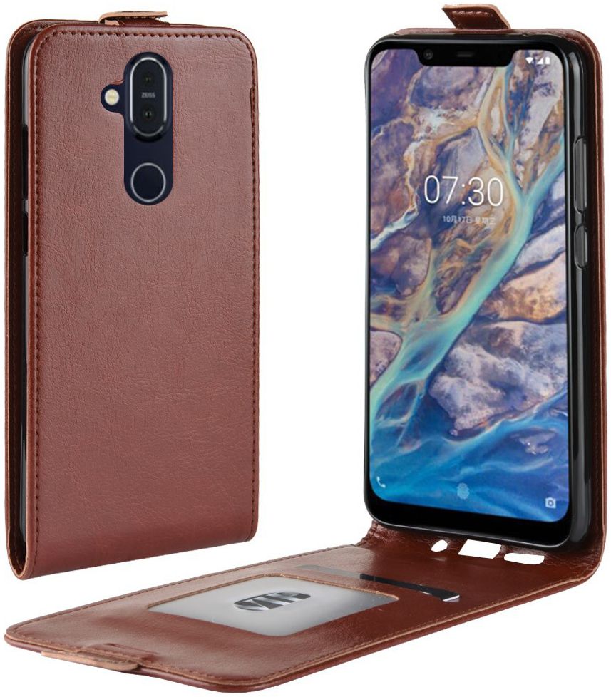 Nokia 8.1 Verticale Flip Hoesje Bruin afbeelding 1