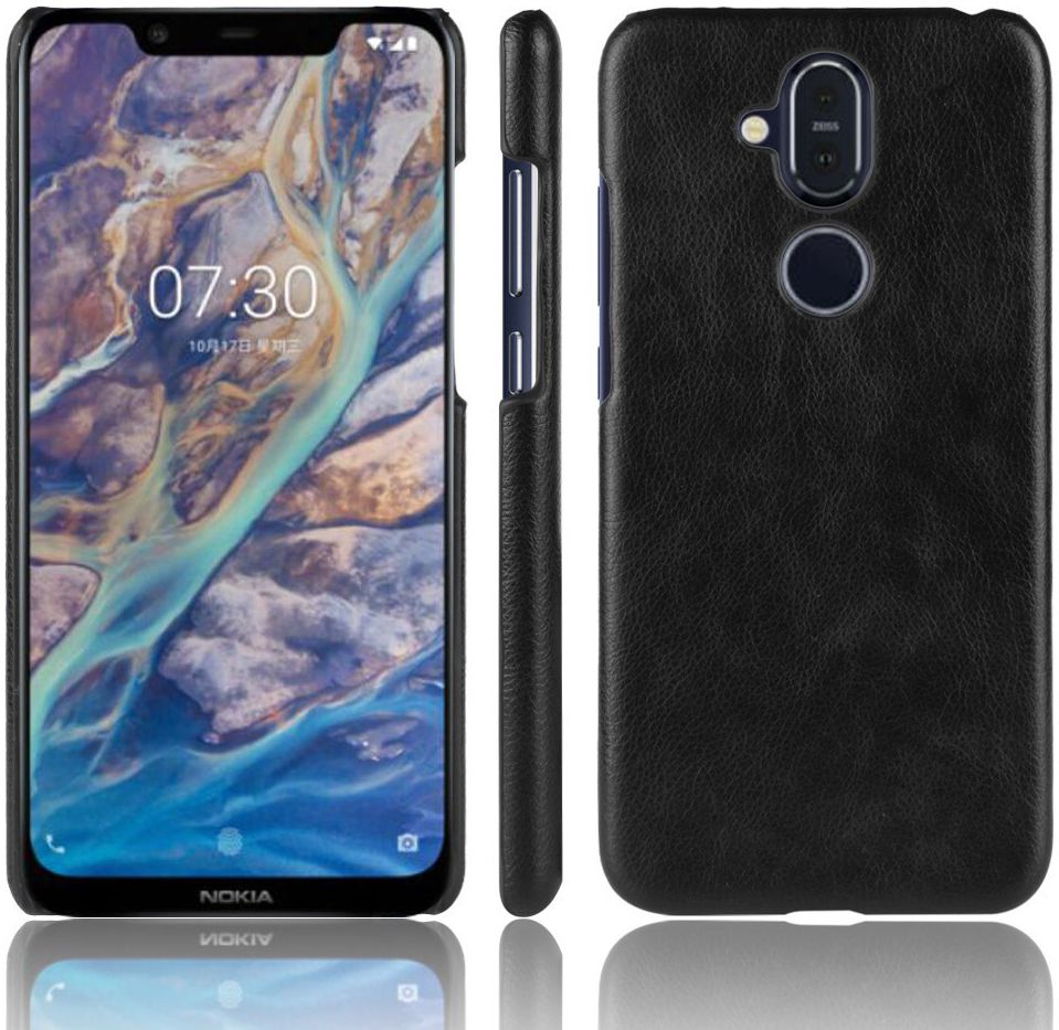 Nokia 8.1 Hoesje met Kunstleer Coating Zwart afbeelding 2