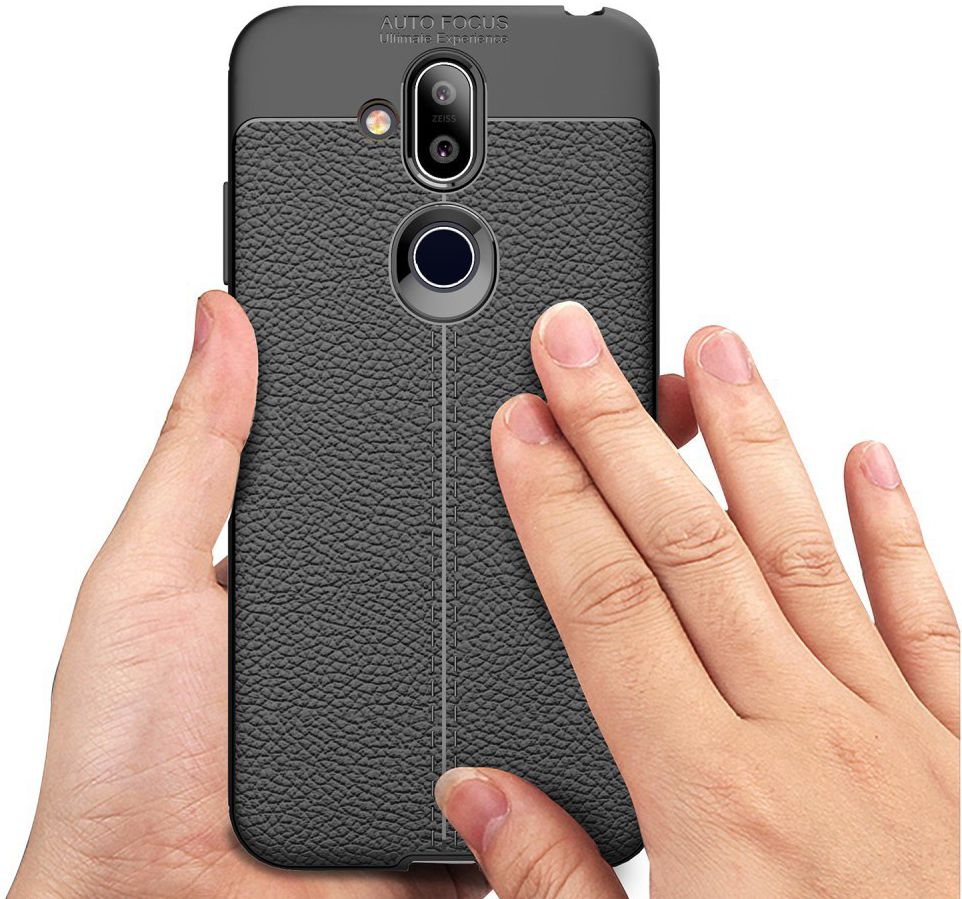 Nokia 8.1 Kunstleren Coating TPU Hoesje Zwart afbeelding 2
