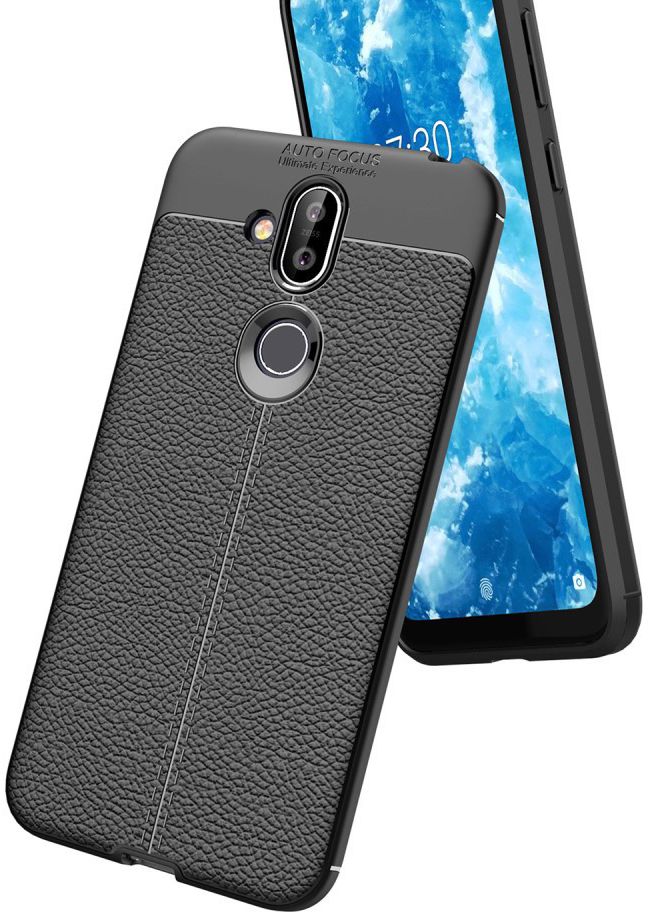 Nokia 8.1 Kunstleren Coating TPU Hoesje Zwart afbeelding 8