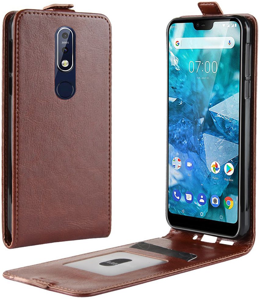 Nokia 7.1 Verticaal Flip Hoesje Bruin afbeelding 1