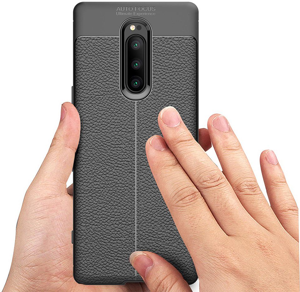 Sony Xperia 1 Hoesje TPU Met Leren Textuur Zwart afbeelding 5