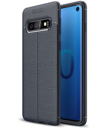Samsung Galaxy S10 TPU Hoesje met Leren Textuur Blauw Hoesjes