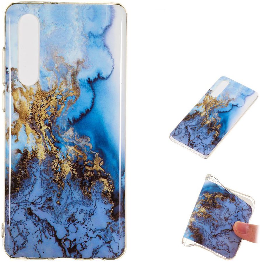 Huawei P30 TPU Hoesje met Marmer Opdruk Blauw Goud afbeelding 5