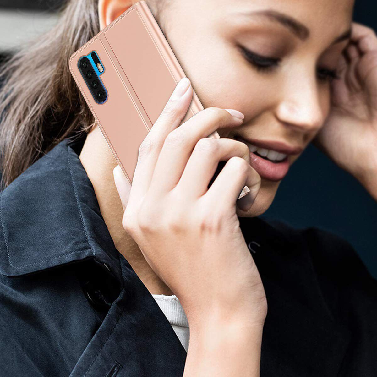 Huawei P30 Pro Flip Hoesje met Kaart Houder Roze Goud afbeelding 4