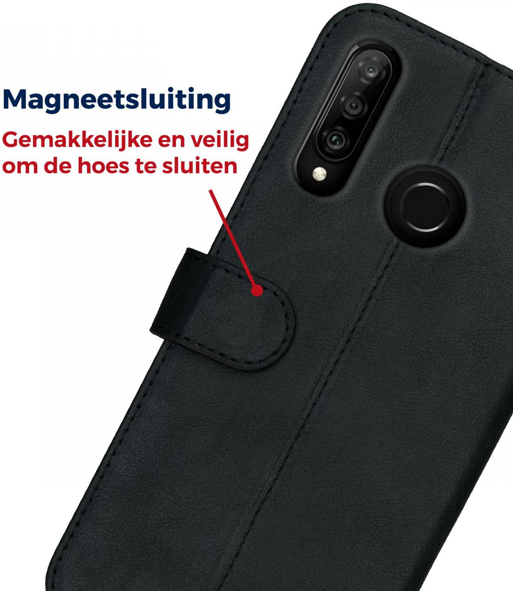Rosso Deluxe Huawei P30 Lite Hoesje Echt Leer Book Case Zwart afbeelding 9
