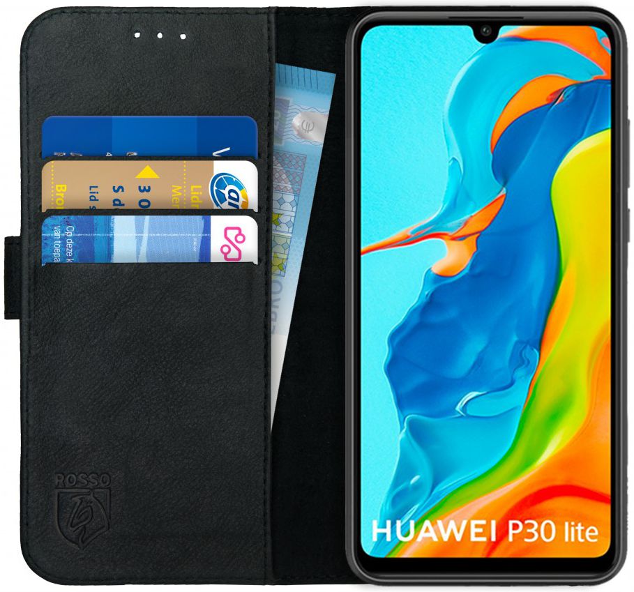 Rosso Deluxe Huawei P30 Lite Hoesje Echt Leer Book Case Zwart afbeelding 1