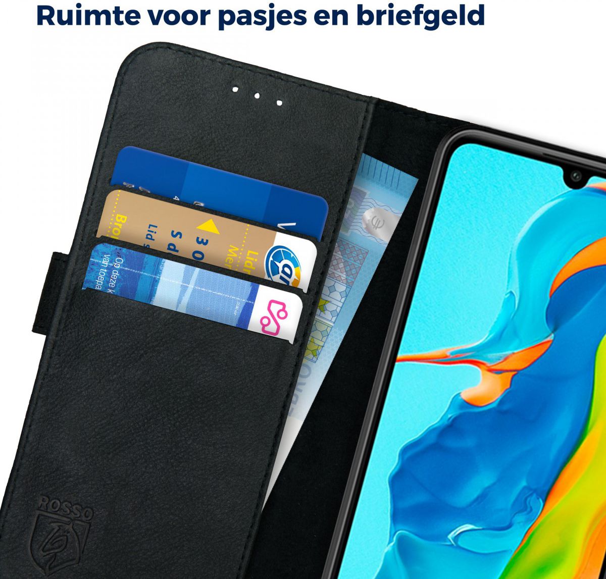 Rosso Deluxe Huawei P30 Lite Hoesje Echt Leer Book Case Zwart afbeelding 5