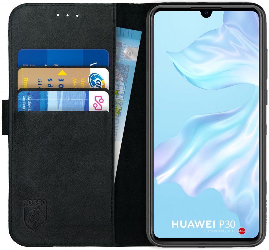 Rosso Deluxe Huawei P30 Hoesje Echt Leer Book Case Zwart afbeelding 1