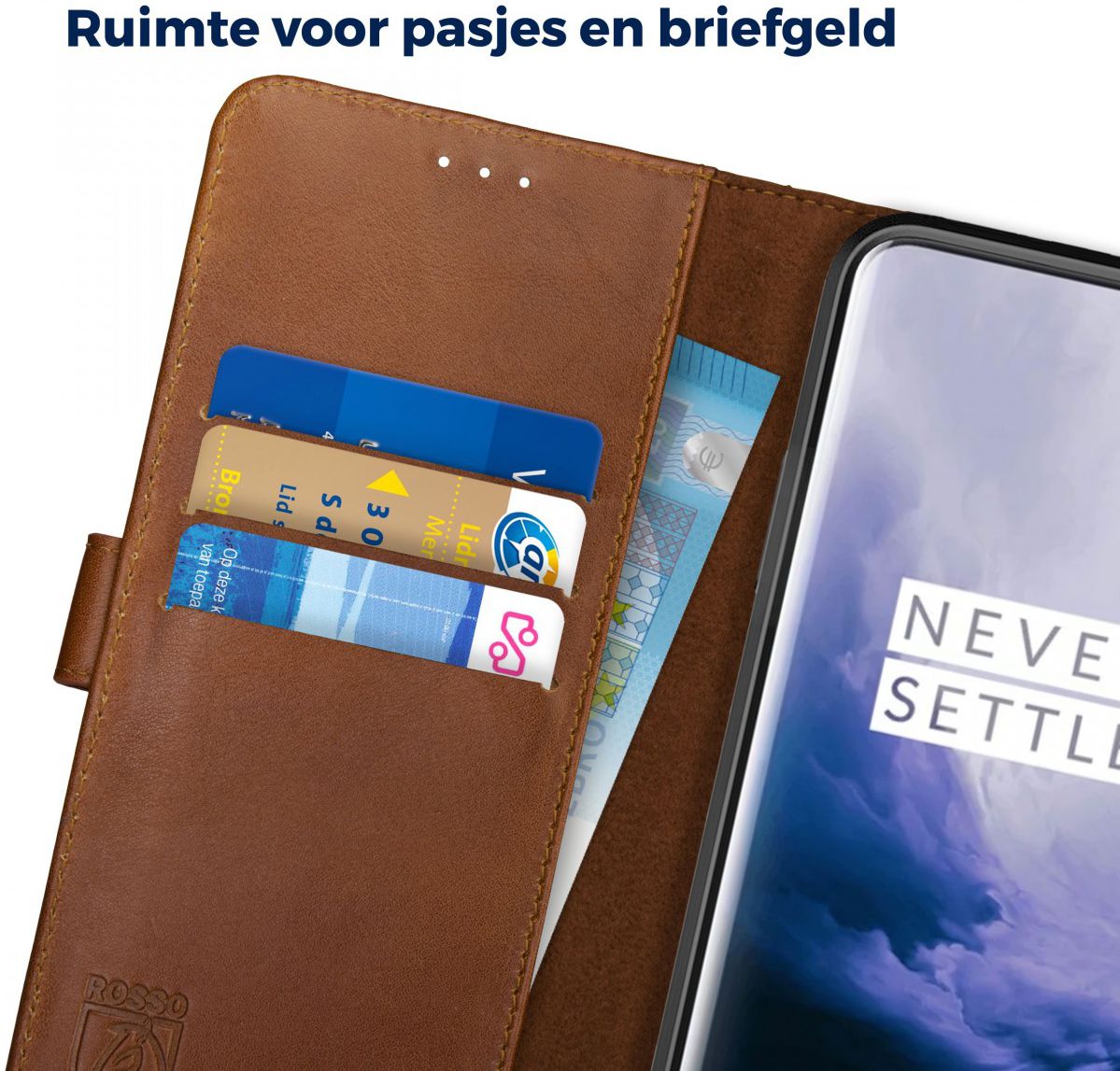 Rosso Deluxe OnePlus 7 Pro Hoesje Echt Leer Book Case Bruin afbeelding 5