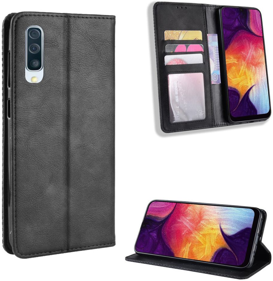 Samsung Galaxy A50 Book Case Hoesje Vintage Wallet Kunst Leer Zwart afbeelding 4