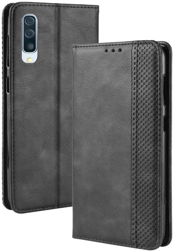 Samsung Galaxy A50 Book Case Hoesje Vintage Wallet Kunst Leer Zwart afbeelding 2