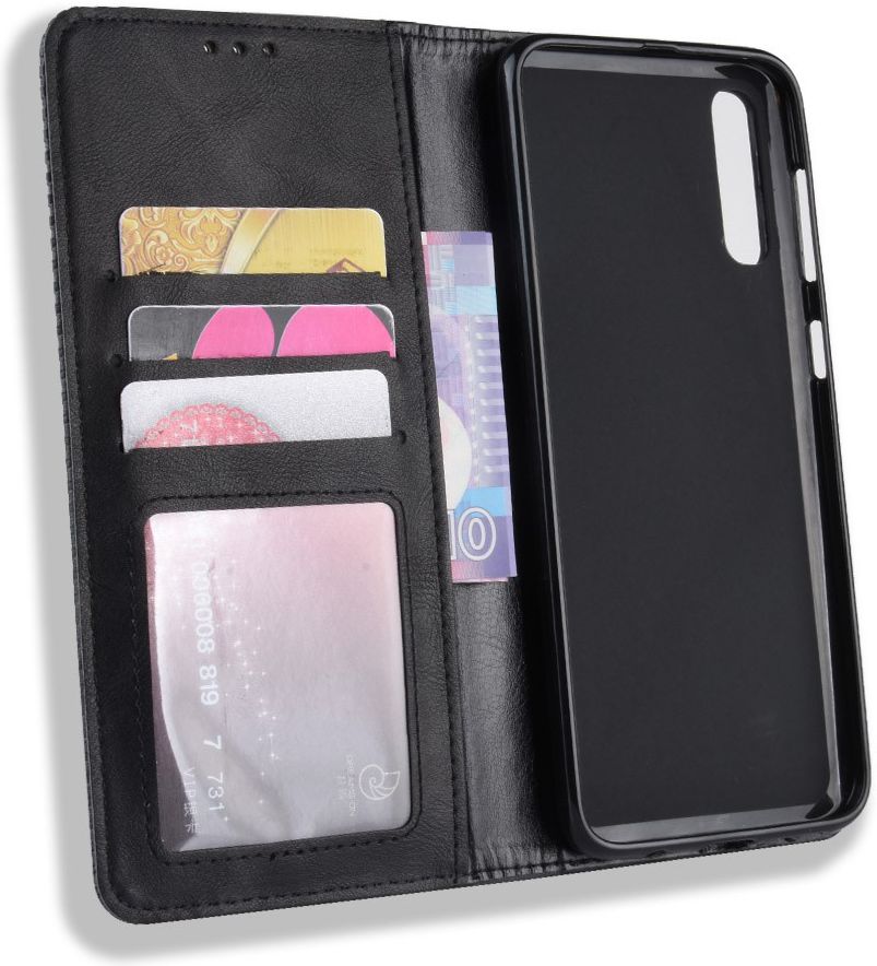Samsung Galaxy A50 Book Case Hoesje Vintage Wallet Kunst Leer Zwart afbeelding 6