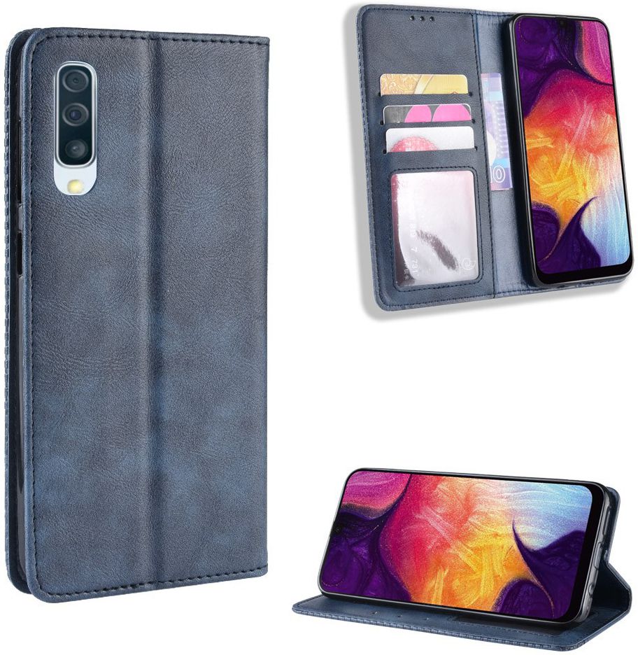 Samsung Galaxy A50 Book Case Hoesje Vintage Wallet Kunst Leer Blauw afbeelding 4