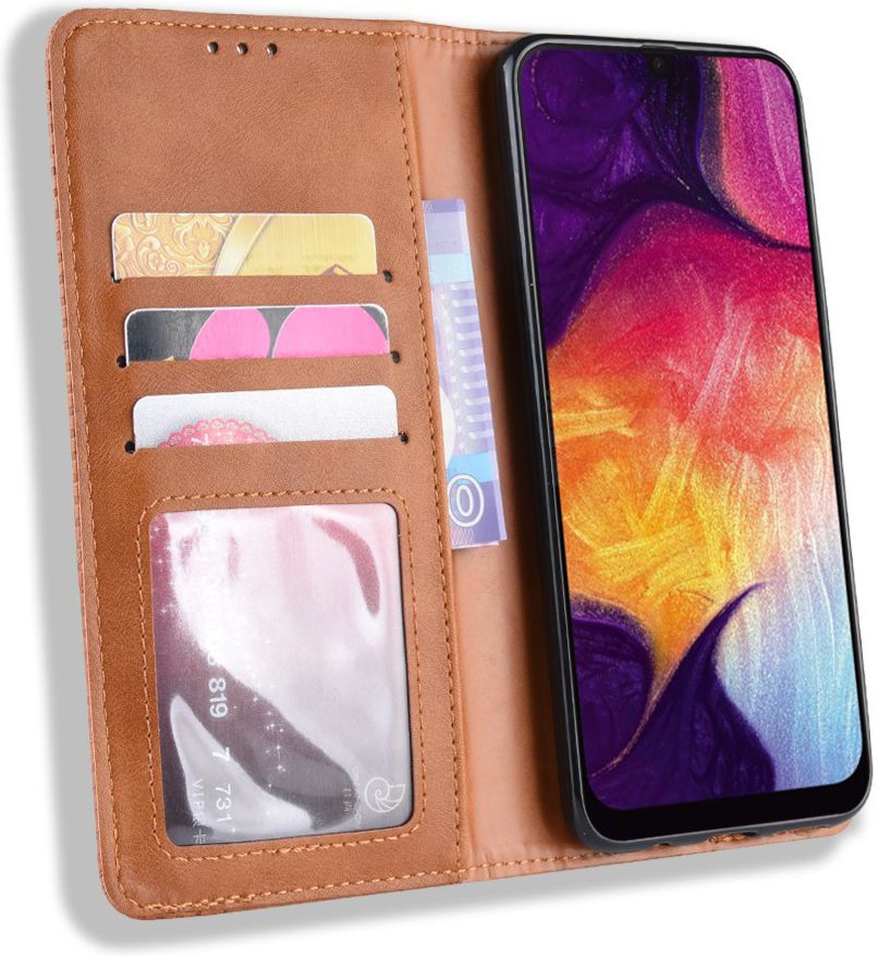 Samsung Galaxy A50 Book Case Hoesje Vintage Wallet Kunst Leer Bruin afbeelding 1