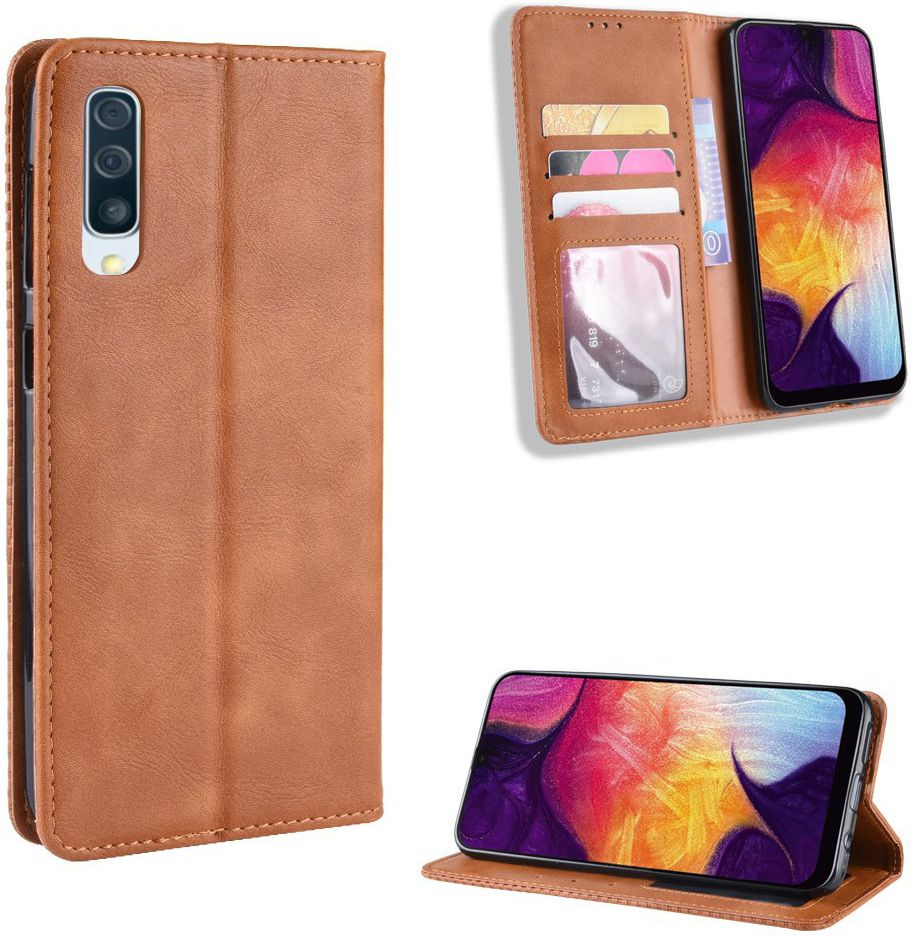 Samsung Galaxy A50 Book Case Hoesje Vintage Wallet Kunst Leer Bruin afbeelding 4
