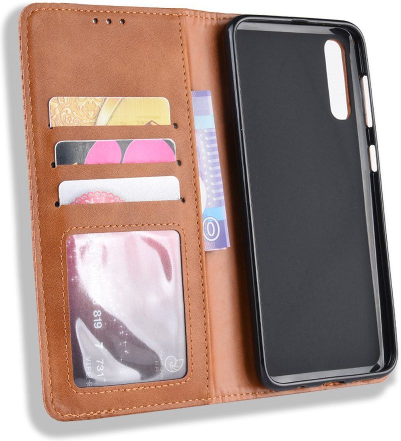 Samsung Galaxy A50 Book Case Hoesje Vintage Wallet Kunst Leer Bruin afbeelding 7