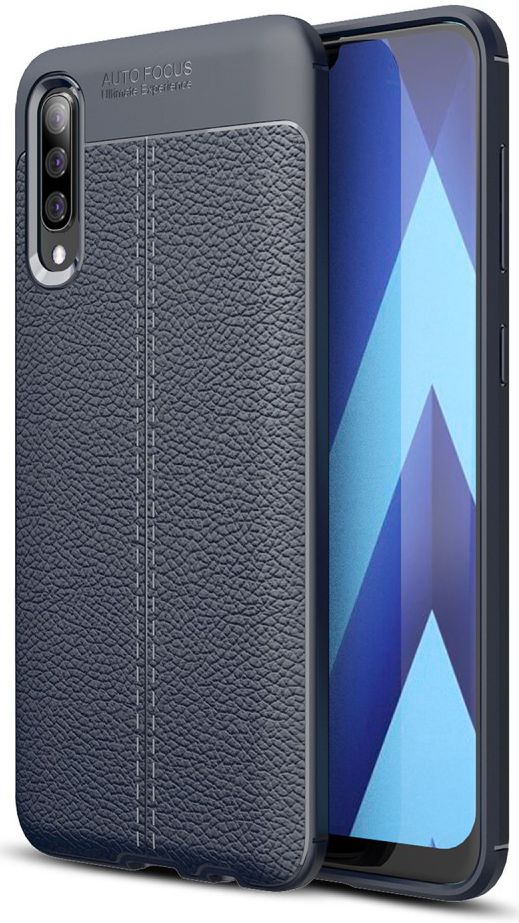 Samsung Galaxy A70 Hoesje met Leren Textuur TPU Hoesje Blauw afbeelding 1