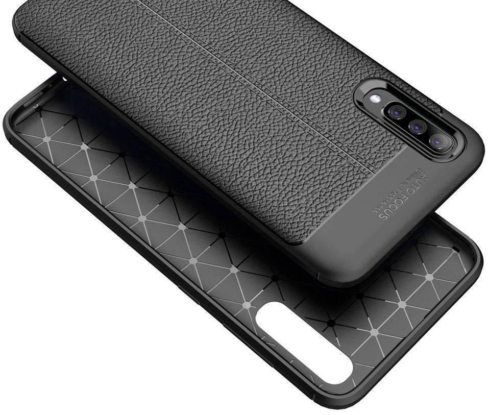 Samsung Galaxy A70 Hoesje met Leren Textuur TPU Hoesje Blauw afbeelding 10