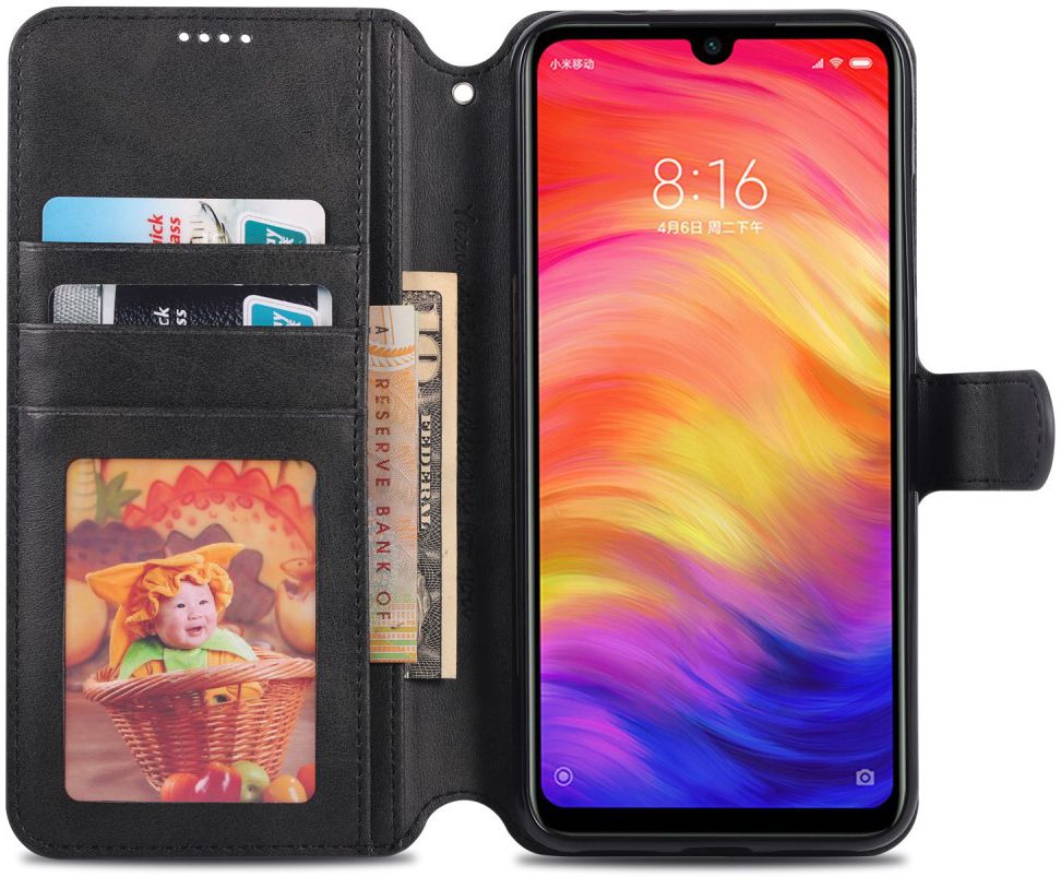 AZNS Xiaomi Redmi Note 7 Leren Stand Portemonnee Hoesje Zwart afbeelding 2