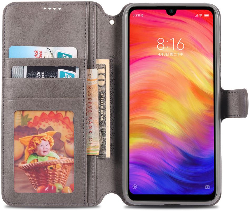 AZNS Xiaomi Redmi Note 7 Leren Stand Portemonnee Hoesje Grijs afbeelding 2