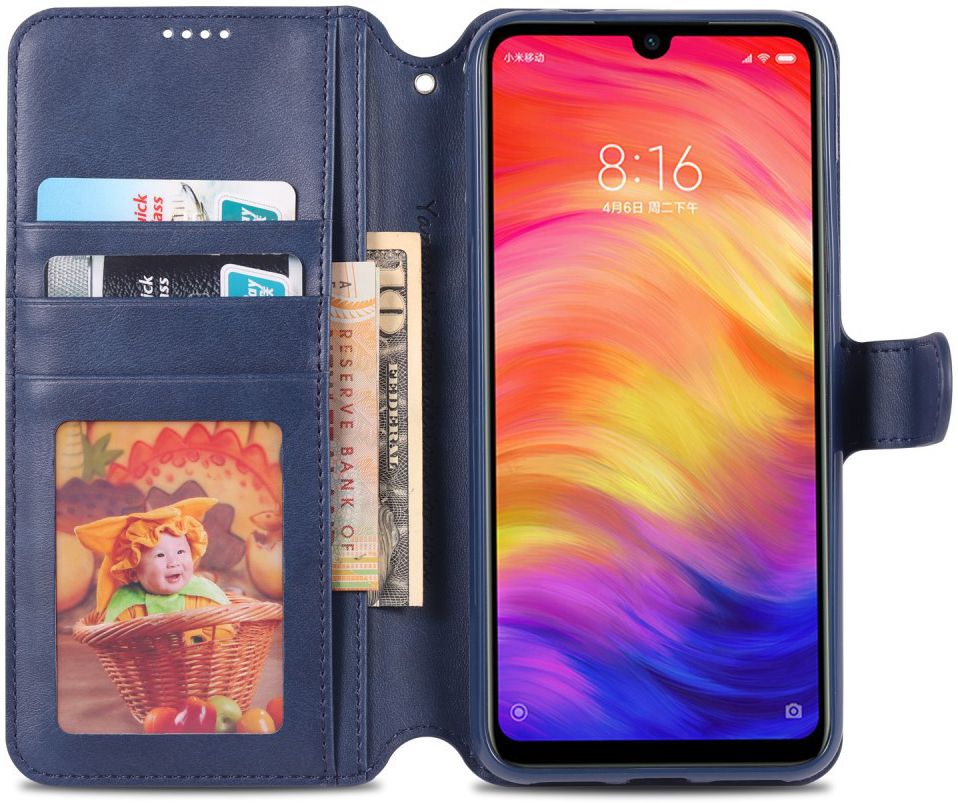 AZNS Xiaomi Redmi Note 7 Leren Stand Portemonnee Hoesje Blauw afbeelding 2