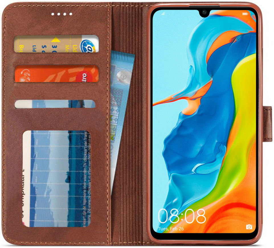 Huawei P30 Lite Portemonnee Bookcase Hoesje Magneet Sluiting Coffee afbeelding 4