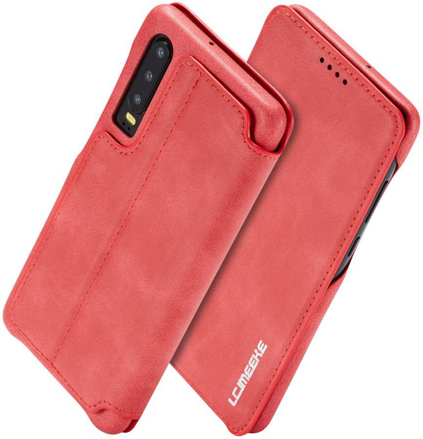 Huawei P30 Retro Style Kaarthouder Bookcase Hoesje Rood afbeelding 3