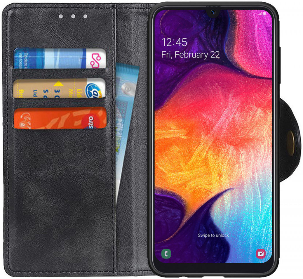 Samsung Galaxy A50 Book Case Hoesje Kunst Leer Wallet Zwart afbeelding 1