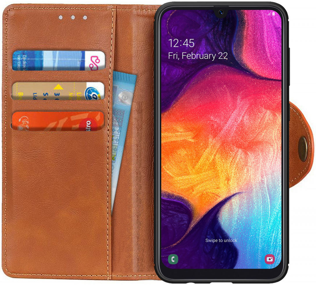 Samsung Galaxy A50 Book Case Hoesje Kunst Leer Wallet Bruin afbeelding 1