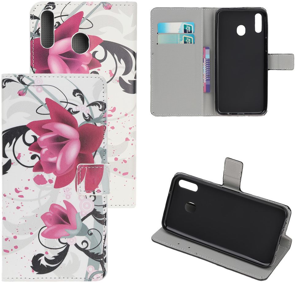 Samsung Galaxy A40 Portemonnee Hoesje met Print Purple Flowers afbeelding 6