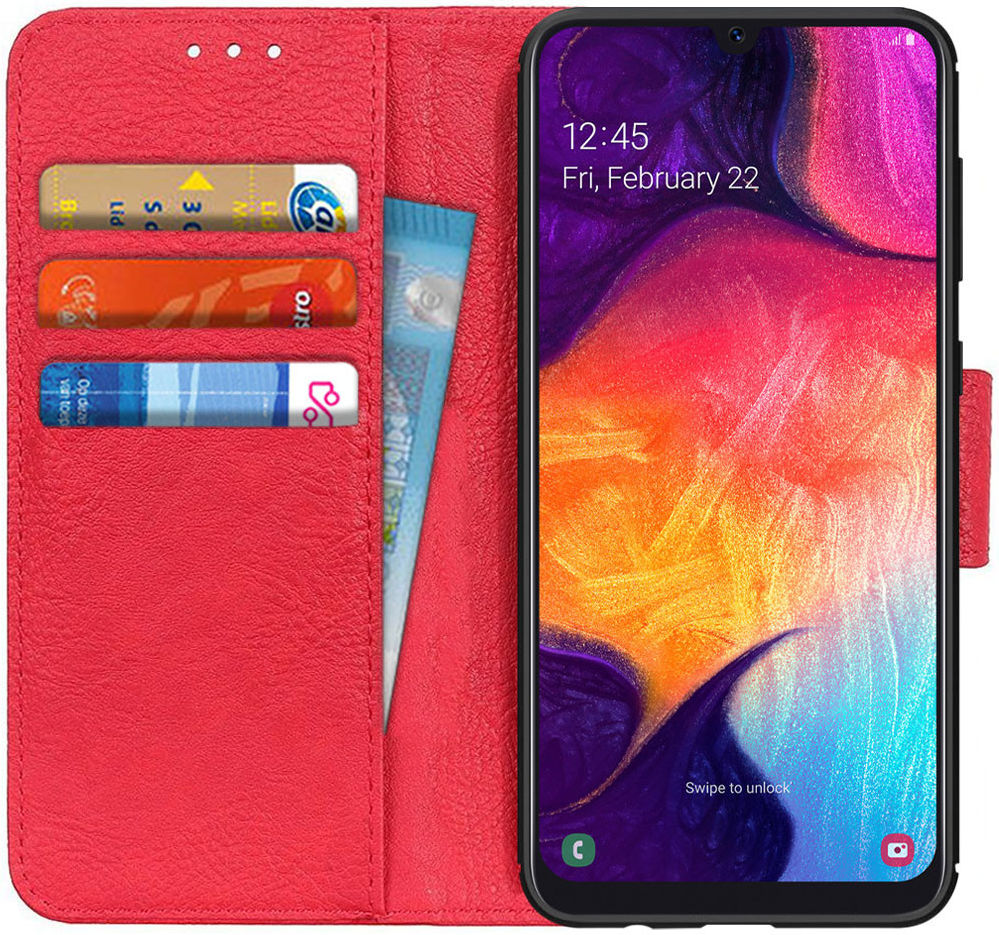 Samsung Galaxy A50 Book Case Hoesje Wallet Stand Kunst Leer Rood afbeelding 1