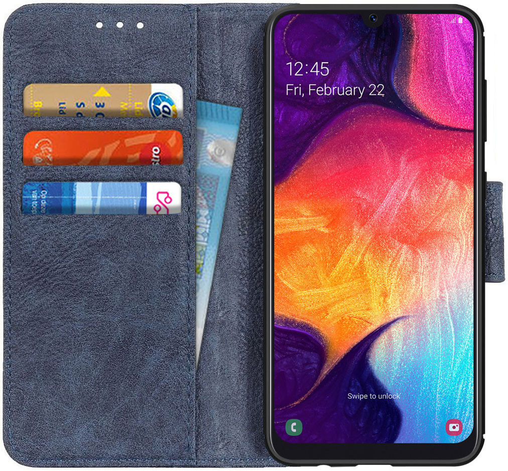 Samsung Galaxy A50 Book Case Hoesje Wallet Stand Kunst Leer Blauw afbeelding 1