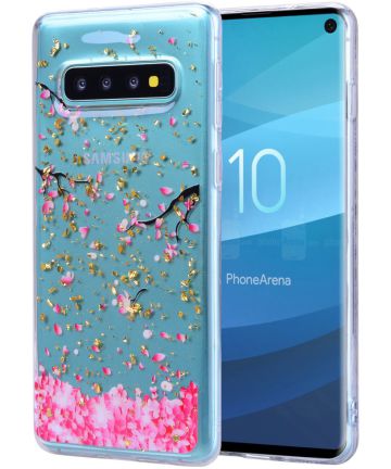 Samsung Galaxy S10 Plus Glitter TPU Hoesje met Print Pink Flowers Hoesjes