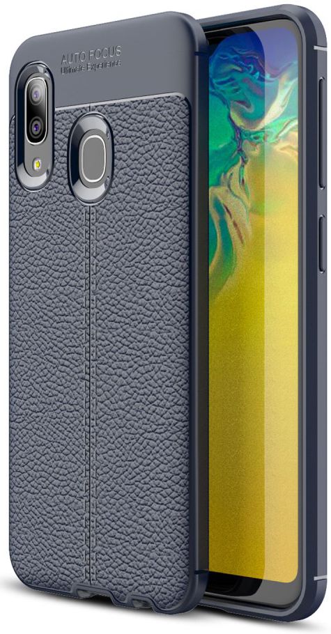 Samsung Galaxy A20E Hoesje TPU met Leren Textuur Blauw afbeelding 1