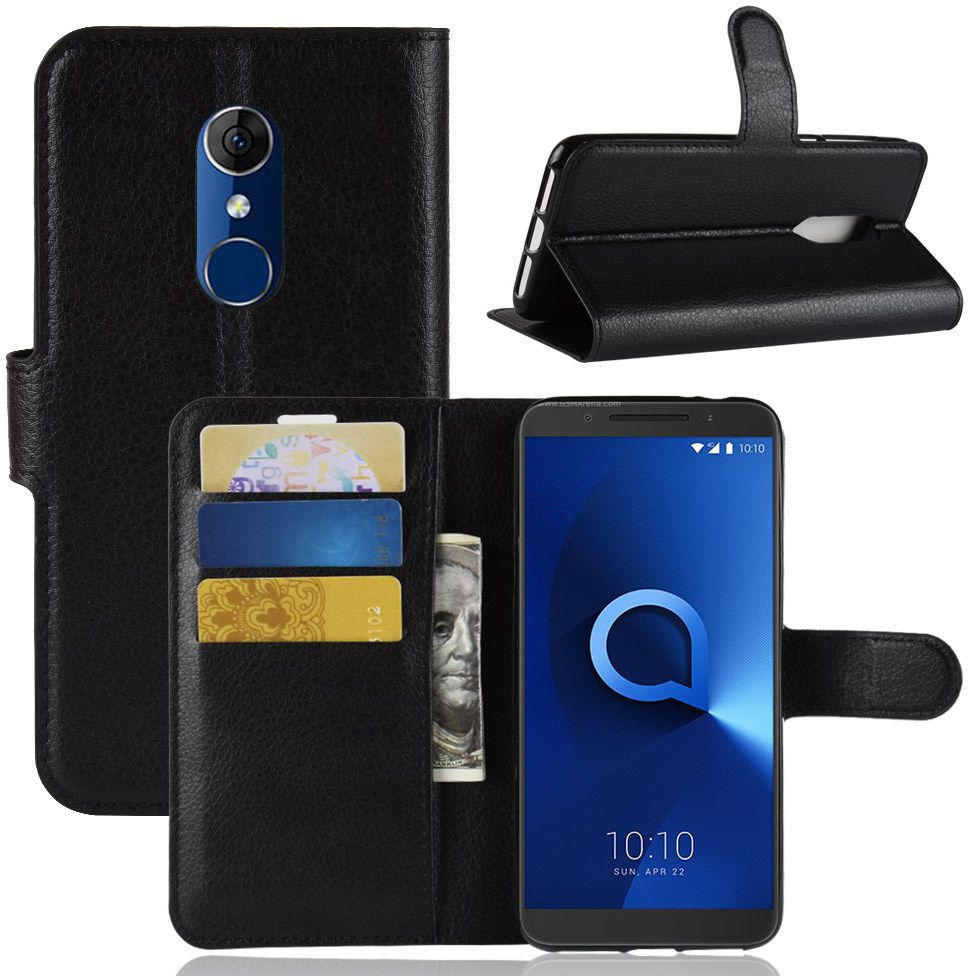 Alcatel 3 Litchi Skin Portemonnee Hoesje Zwart afbeelding 6